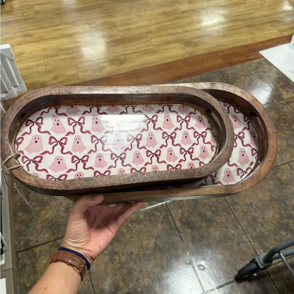 Made in India Wooden HALLOWEEN PINK GHOST & BOWS TRAYS